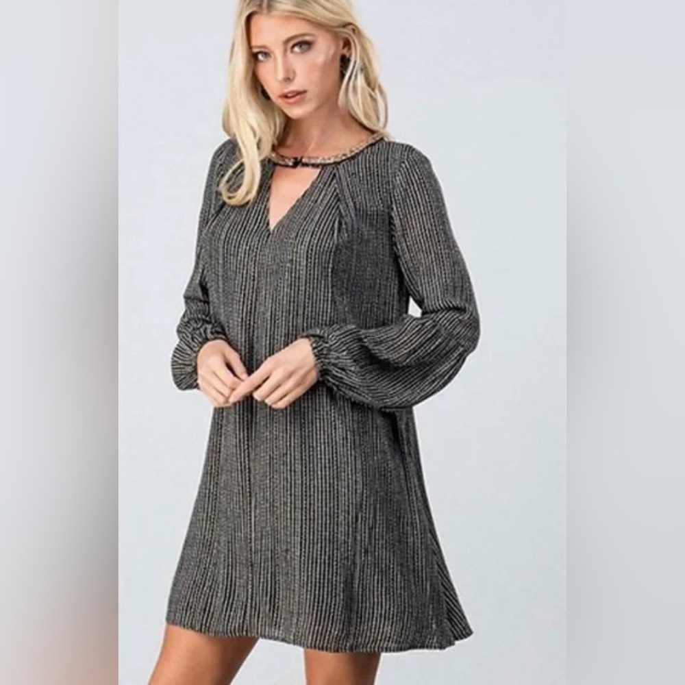Altar'd State Gray Pinstripe Long-Sleeve A-Line Dress